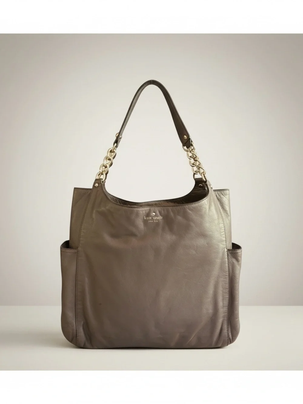 ✨ Kate Spade Taupe Pebbled Leather Chain Tote Large Neutral Shoulder Bag
